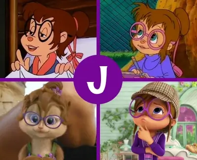 Jeanette Miller character design evolution across Alvin and the Chipmunks versions, showing the 80s animated series, CGI film look, and ALVINNN series, with consistent round glasses and purple color scheme throughout