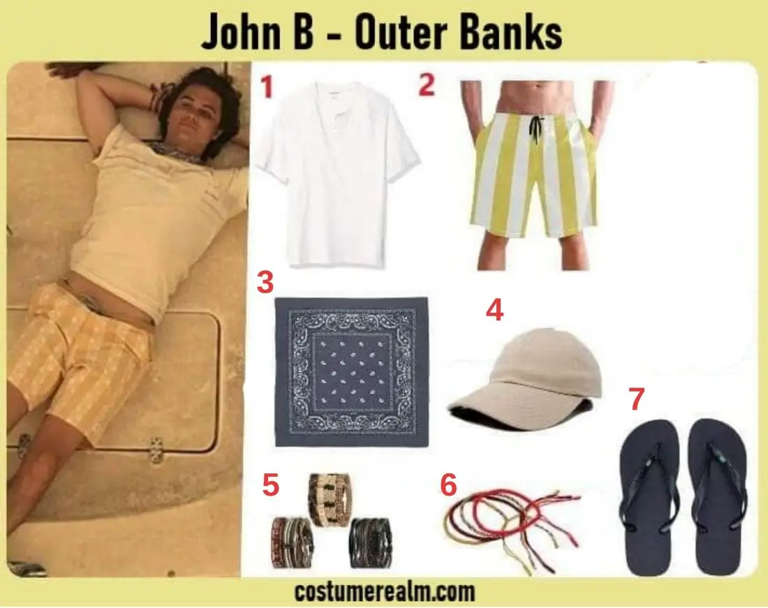 John B from Outer Banks outfit guide flat lay showing white tee, swim trunks, gray bandana, khaki cap, leather bracelets, lucky bracelet, and flip flops