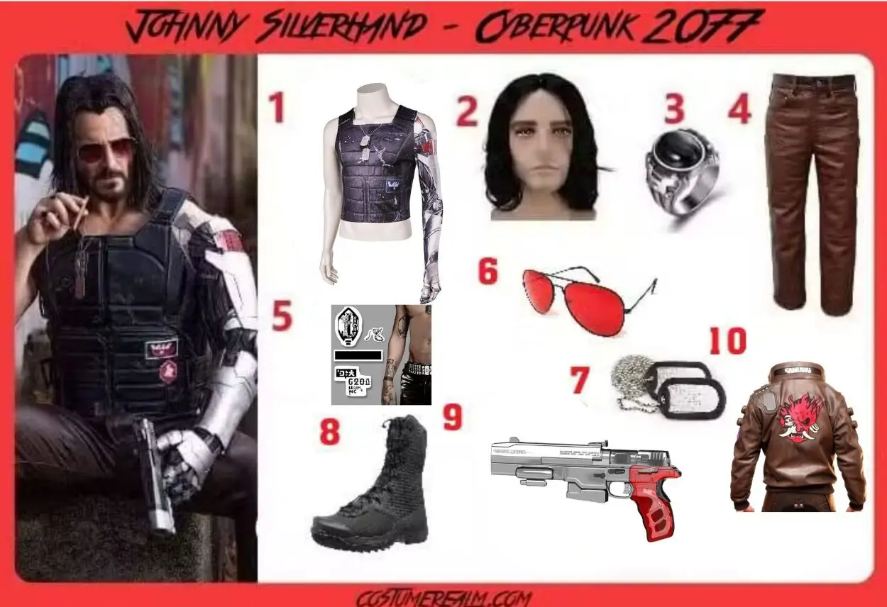 Johnny Silverhand Cyberpunk 2077 cosplay guide 10 items silver arm vest Samurai jacket red aviators tattoos and Malorian Arms