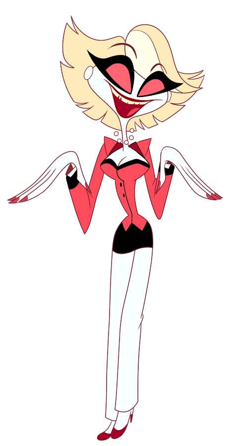 Katie Killjoy in Hazbin Hotel wearing her rose-red blazer, pearl jewelry, and blonde bob hairstyle as an on-air anchor at 666 News