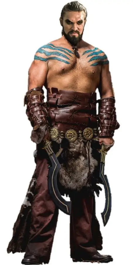 Jason Momoa as Khal Drogo in Game of Thrones, full body reference showing the leather Dothraki midriff armor, long dark warrior braid, bracer wrist guards, brown wrap pants, and boots