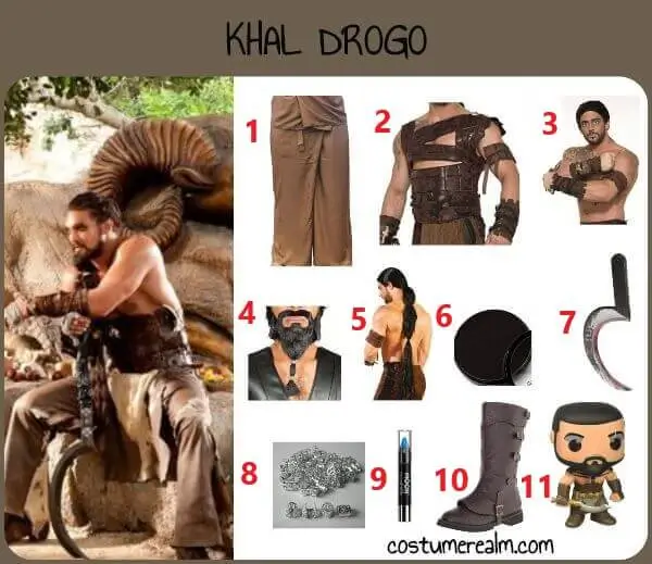 Khal Drogo from Game of Thrones Halloween costume infographic showing brown wrap pants, Dothraki leather armor, armband and wrist guards, long black beard, warrior wig with braiding beads, body paint, curved arakh sword, and brown boots