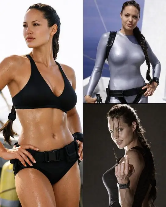 Lara Croft from Tomb Raider costume variant collage showing alternate looks including a silver bodysuit and bikini-inspired designs from across the Tomb Raider franchise