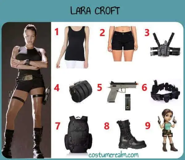 Lara Croft from Tomb Raider Halloween costume infographic showing all 9 items: black tank top, black denim shorts, tactical leg holster, leather wristband, toy pistol, tactical equipment belt, black backpack, black boots, and Funko Pop prop