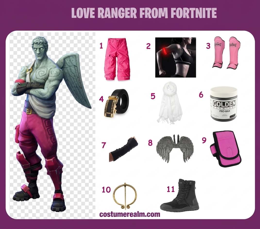 Love Ranger from Fortnite cosplay infographic showing all 11 items: pink tactical pants, red LED armband, pink leg protection, black belt with gold buckle, white scarf, grey body paint, black tactical gloves, grey cosplay wig, pink leg holster, medieval brooch clasp, and black boots