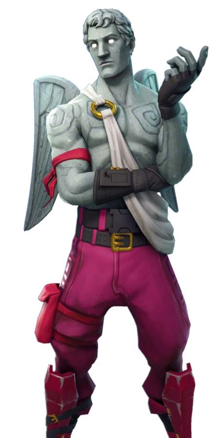 Love Ranger from Fortnite character reference showing grey stone texture upper body with Celtic engravings, white toga sash, red upper armband, hot-pink tactical pants, black belt with gold buckle, and stone-carved angel wings back bling