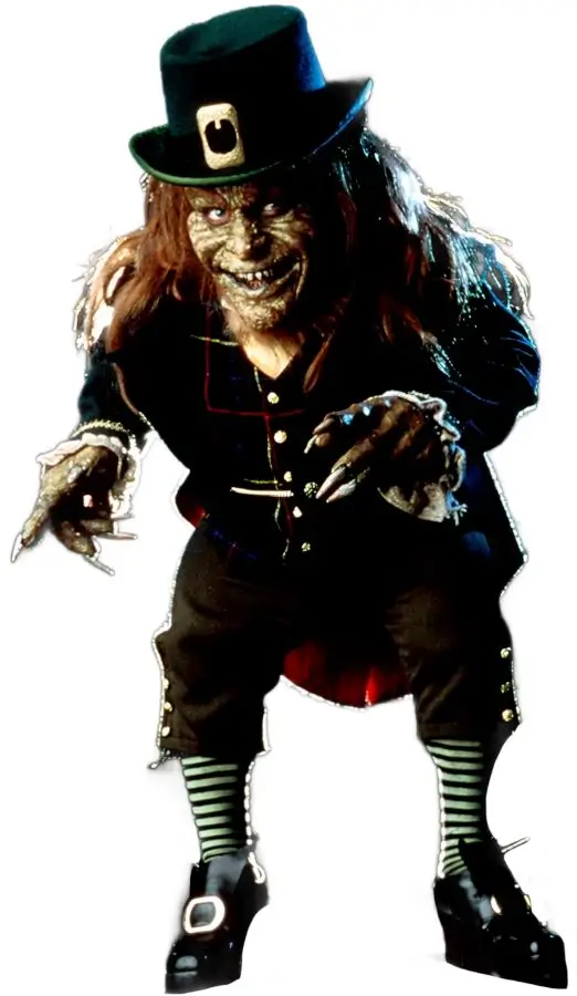 Lubdan full body costume reference showing the green tailcoat, layered vest, colonial pants, top hat, and character mask from Leprechaun 1993