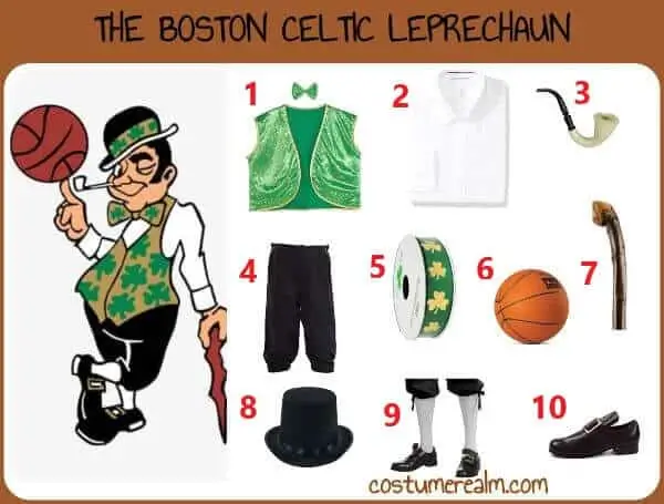 Lucky the Leprechaun Boston Celtics Halloween costume infographic showing green vest, white shirt, black knickers, top hat, walking stick, pipe, colonial socks, and shoe buckles