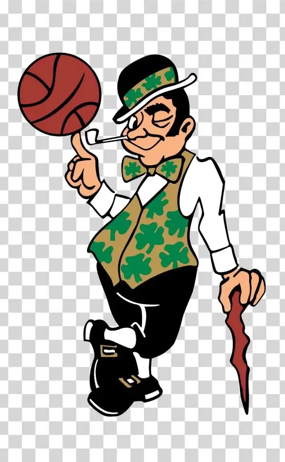 Lucky the Leprechaun Boston Celtics mascot in full costume showing green vest, black knickers, white socks, top hat, and shillelagh