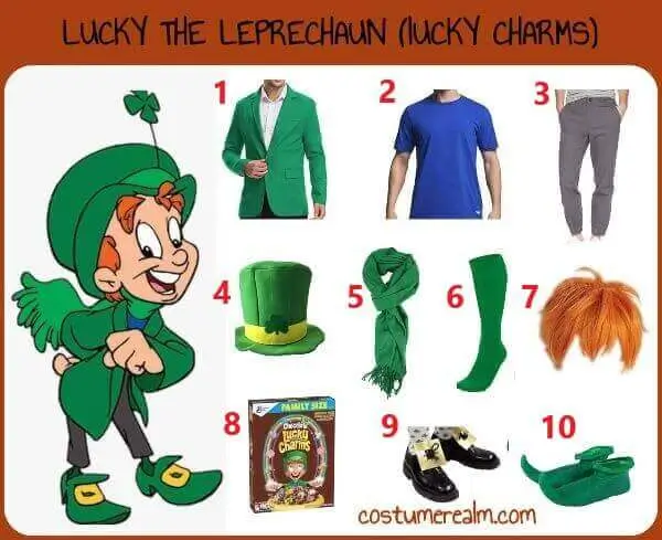 Lucky the Leprechaun Lucky Charms Halloween costume infographic showing green blazer, royal blue shirt, orange wig, shamrock hat, green scarf, grey pants, elf shoes, and cereal box prop
