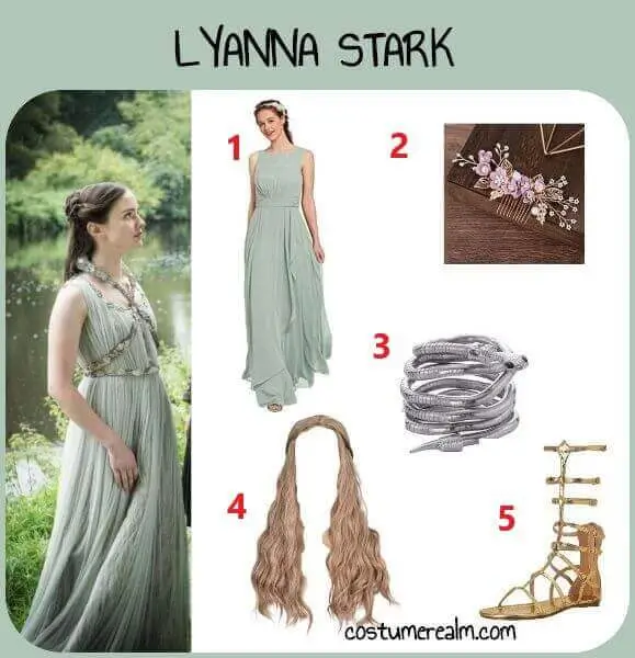 Lyanna Stark Halloween costume infographic showing sage green bridesmaid dress, floral hair clip, snake bracelet, wavy wig, and gold gladiator sandals