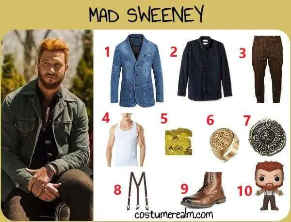 Mad Sweeney Halloween costume infographic showing denim jacket, corduroy shirt, white tank top, brown striped trousers, suspenders, boots, and gold coin prop