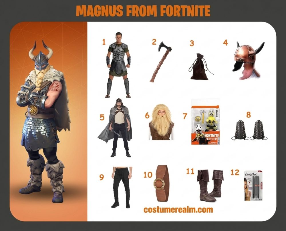 Magnus from Fortnite cosplay infographic showing all 12 items including Viking armor, horned helmet, grey cape, blonde braided beard wig, battle axe, medieval boots, and runic tattoo marker