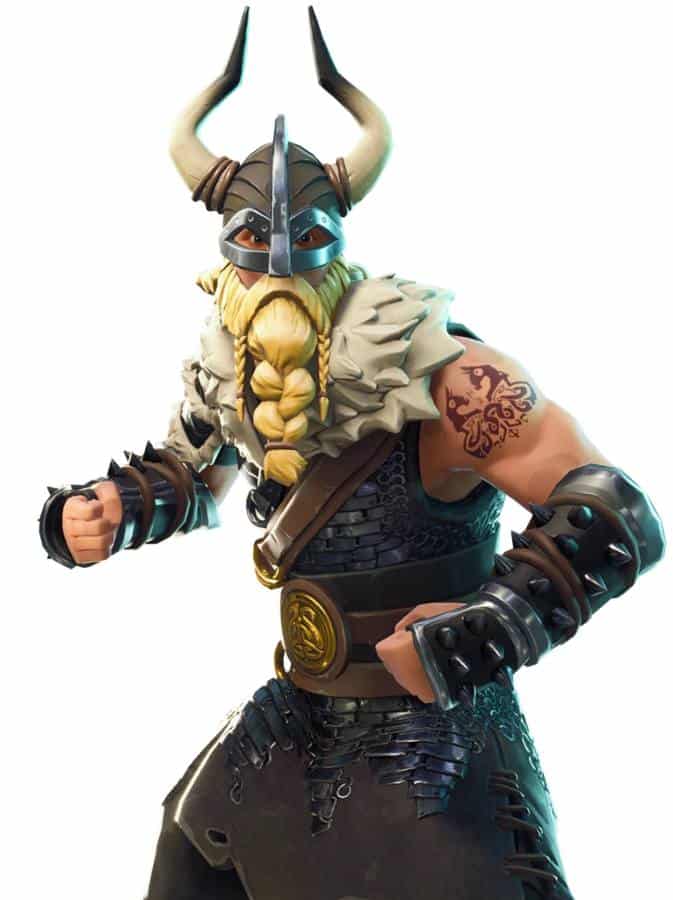 Magnus from Fortnite character reference showing dark chainmail armor with leather tunic, horned Viking helmet with swept horns, grey wolf-fur cape, and two-strand blonde braided beard
