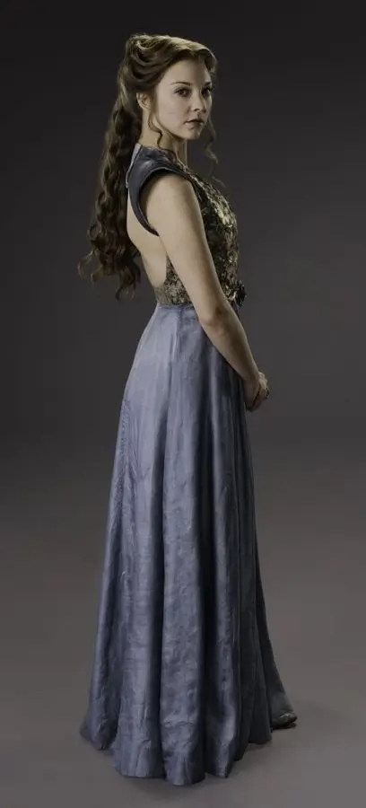 Full body reference of Margaery Tyrell Halloween costume showing blue gown, braided blonde wig, and blue heels