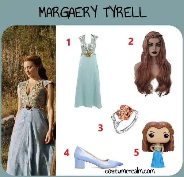 Margaery Tyrell Halloween costume infographic showing blue gown, braided wig, rose flower ring, blue heels, and action figure prop
