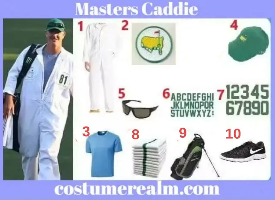 Masters Caddie Halloween costume infographic showing white long sleeve overall, green Masters cap, Augusta National patch, iron-on letter kit, iron-on number kit, Masters towel, stand golf bag, and running shoes arranged as a flat lay