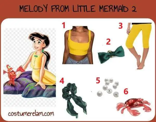 Melody from The Little Mermaid 2 human form Halloween costume infographic showing yellow vest, green bow tie, yellow leggings, green ribbon, pearl buttons, and Sebastian crab plush