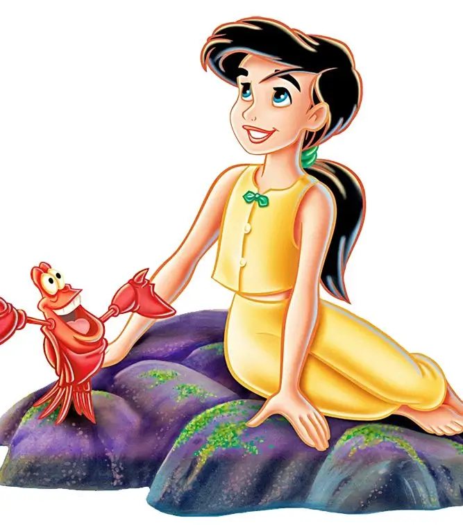 Melody from The Little Mermaid 2 in her human form wearing the yellow dress with green bow and black hair, used as a group Halloween costume reference