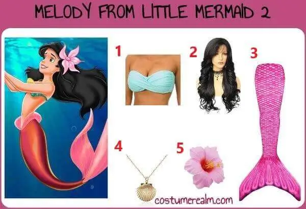 Melody from The Little Mermaid 2 mermaid form Halloween costume infographic showing green bandeau, long black wig, pink mermaid tail, shell necklace, and flower hair clip