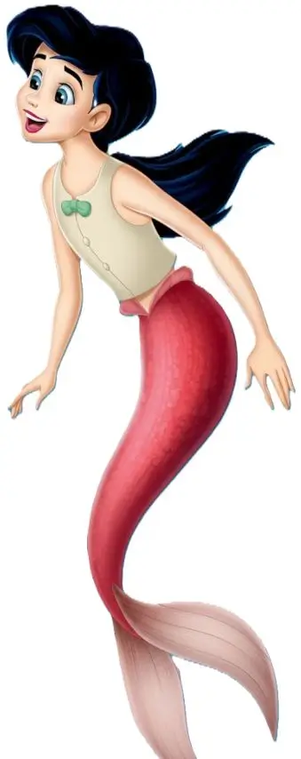 Melody from The Little Mermaid 2 in her pink mermaid tail form, showing the green bandeau, black hair, and pink tail that make up her mermaid Halloween costume