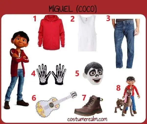 Miguel Rivera from Coco Halloween costume infographic showing all 8 items: red striped hoodie, white tank top, classic jeans, skeleton gloves, skull latex mask, Coco guitar, brown chukka boots, and Dante and Miguel action figure