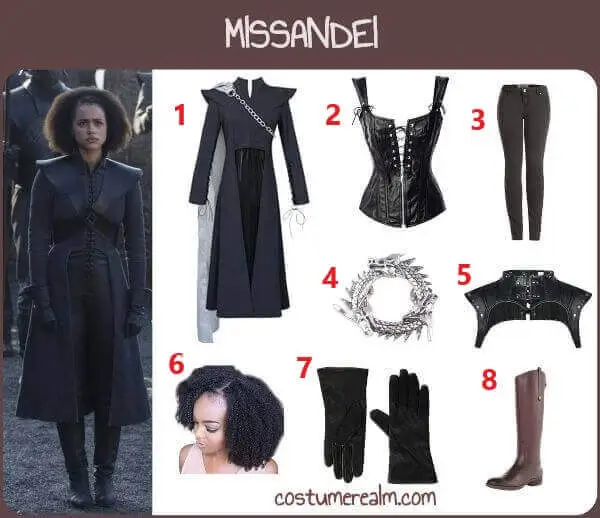Missandei Dragonstone leather outfit Halloween costume infographic showing black tunic, leather bustier, shoulder armor, skinny jeans, gloves, and brown riding boots