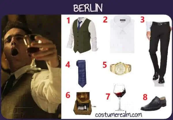 Berlin Money Heist Halloween costume infographic showing olive green suit vest, white shirt, black trousers, navy tie, gold watch, wine glass, music box, and dress shoes