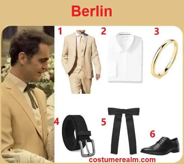 Berlin Money Heist wedding Halloween costume infographic showing beige tuxedo suit, white shirt, Kentucky Colonel string tie, wedding ring, black belt, and dress shoes