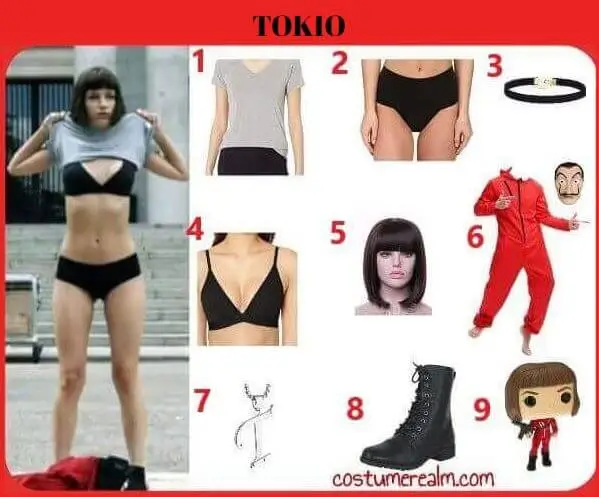 Tokyo Money Heist Halloween costume infographic showing grey t-shirt, black underwear, bob wig with bangs, black velvet choker, combat boots, and accessories