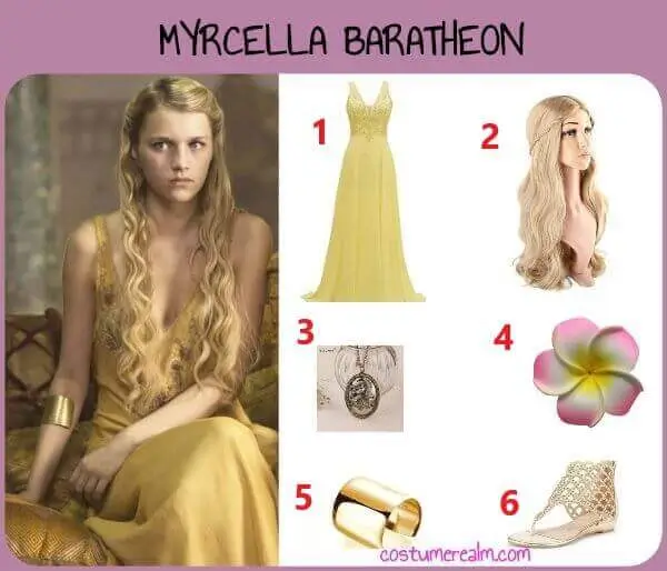 Myrcella Baratheon Halloween costume infographic showing yellow dress, blonde wig, Lannister lion pendant, pink flower clip, gold bangle, and jewel sandals