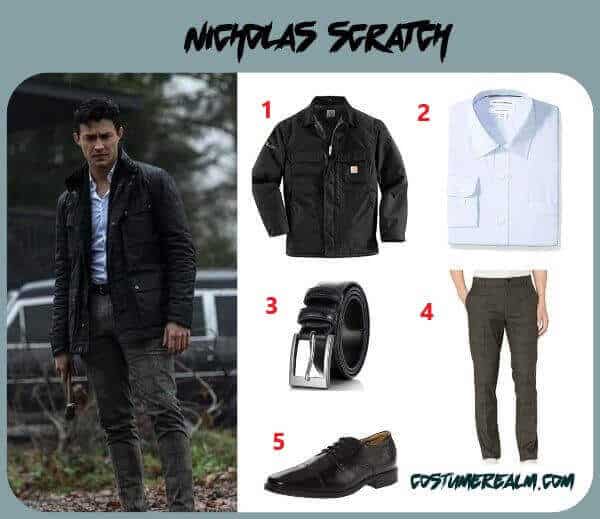 Nicholas Scratch from Chilling Adventures of Sabrina Halloween costume infographic showing black coat, light blue dress shirt, black dress belt, dark gray chino pants, and black Oxford shoes