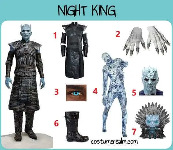 Night King Halloween costume infographic showing the cosplay armor set, monster gloves, ice blue contacts, latex mask, engineer boots, and monster costume alternative