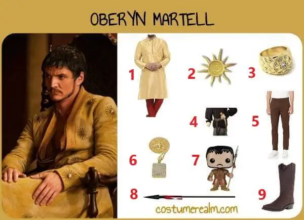 Oberyn Martell Halloween costume infographic showing yellow kurta, sun patch, ring belt, brown trousers, spear, chain necklace, gold ring, and brown boots