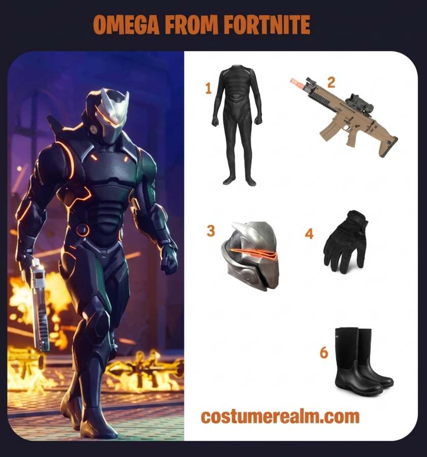 Omega from Fortnite cosplay infographic showing all 5 items: full black armored cosplay suit with mask, toy futuristic rifle, high-quality alternative mask, black tactical gloves, and black hunting boots