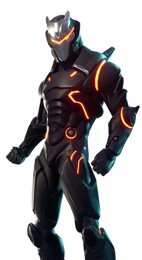 Omega from Fortnite character reference showing full black carbon-fiber exo-armor with neon-orange visor slit, angular helmet, pointed shoulder pauldrons, and glowing accent channels along the chest and arms