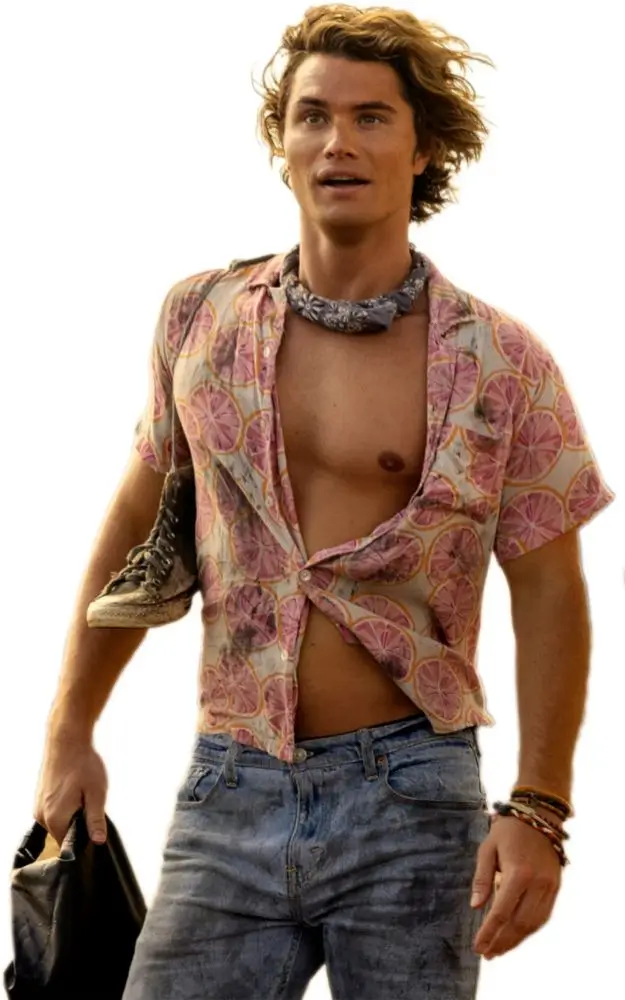 Chase Stokes as John B in Outer Banks wearing his signature gray bandana, khaki cap, white tee, and surf casual coastal outfit