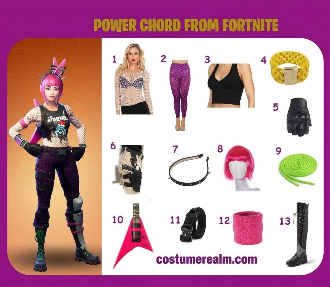 Power Chord from Fortnite cosplay infographic showing all 13 items including mesh top, leggings, crop top, bangle, gloves, leg holster, hair band, pink wig, shoelaces, neon guitar, tactical belt, pink wristband, and thigh high boots