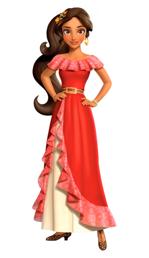 Princess Elena of Avalor full body costume reference showing the red dress with gold belt, hoop earrings, and beaded bracelet