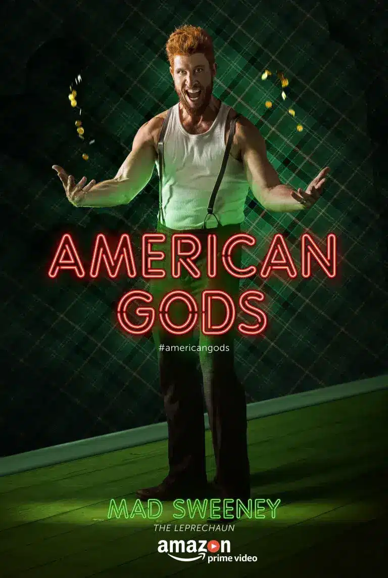 American Gods promotional poster featuring Mad Sweeney in his denim jacket, suspenders, and tank top costume