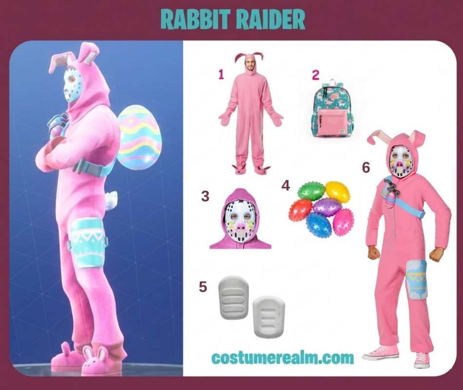 Rabbit Raider from Fortnite cosplay infographic showing pink bunny costume, unicorn school bag, Rabbit Raider hockey mask, colorful balloons, white thigh pad, and teen costume alternative as a complete build guide