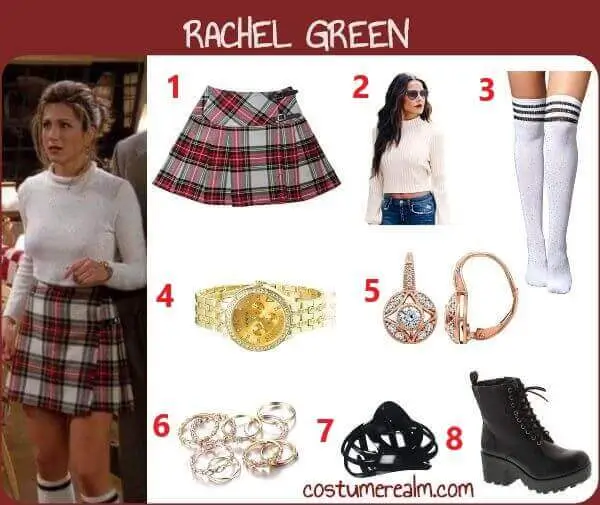 Rachel Green from Friends Halloween costume infographic showing all 8 items: tartan mini skirt, white crop sweater, striped knee high socks, gold watch, gold earrings, ring set, black hair claw, and black ankle boots