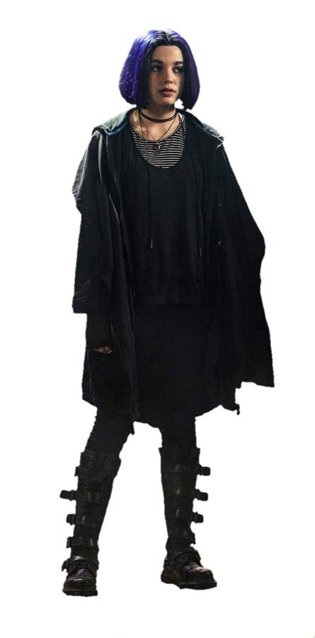 Rachel Roth from Titans in her Season 3 Halloween costume look featuring the long draped black coat, face gems, and blue-tinted curly hair