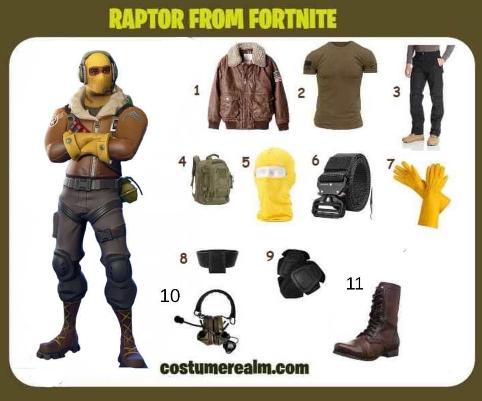 Raptor from Fortnite cosplay infographic showing brown aviator jacket, green military t-shirt, navy tactical pants, green backpack, yellow ski mask, tactical belt, yellow gloves, leg strap, knee pads, headset, and combat boots as a complete 11-item build
