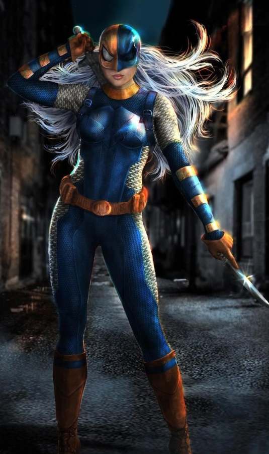 Rose Wilson Ravager costume concept art from Titans Season 2 showing her armored blue and orange suit design
