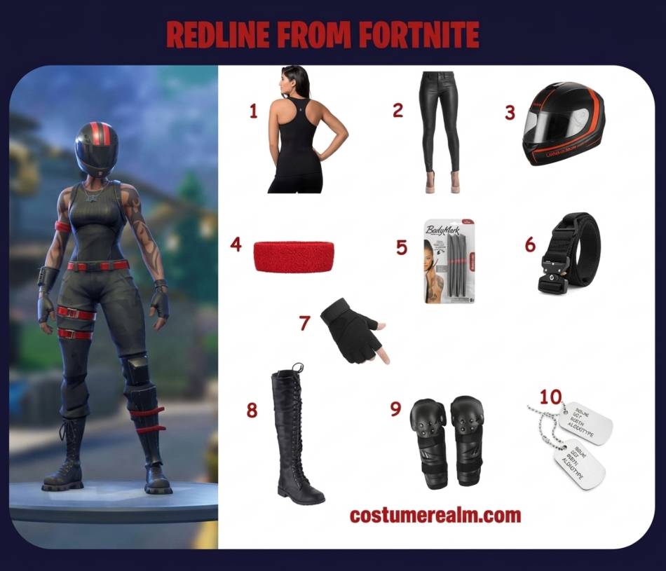 Redline from Fortnite cosplay infographic showing black tank top, leather pants, red-line motorcycle helmet, red wristband, tattoo marker, tactical belt, fingerless gloves, combat boots, knee protectors, and dog tag as a complete 10-item build