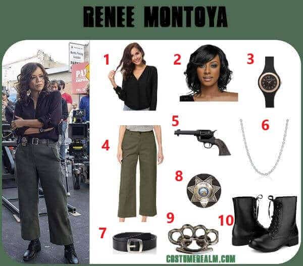 Renee Montoya from Birds of Prey Halloween costume infographic showing black v neck blouse, green chino pants, dark brown leather belt, police badge prop, revolver prop, short black wavy wig, brass knuckles pin, chain necklace, black slim watch, and black combat boots
