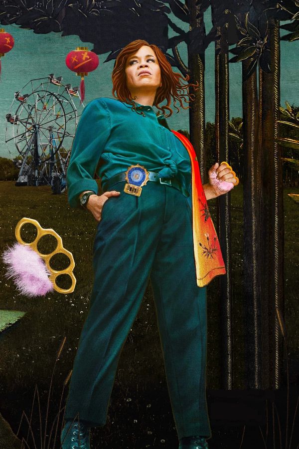 Rosie Perez as Renee Montoya in Birds of Prey promotional poster, showing her detective look with dark blouse, trousers, police badge on belt, and confident posture