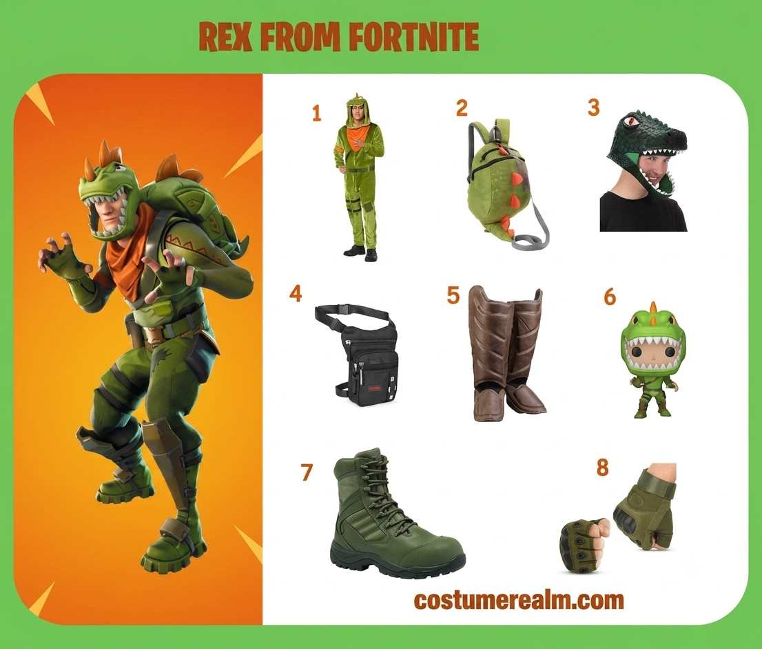 Rex from Fortnite cosplay infographic showing all 8 items: Rex plush costume, Rex backpack, green dinosaur mask alternative, tactical leg holster, brown tactical leg guard, Rex Funko Pop prop, military green boots, and green fingerless gloves