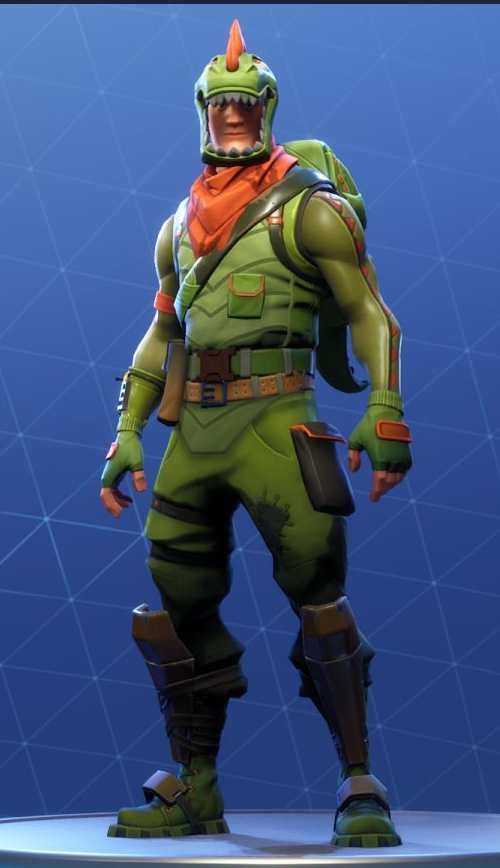 Rex from Fortnite character reference showing lime-green plush dinosaur suit with orange spines along the back, oversized T-Rex hood with fabric teeth, orange bandana, and brown tactical belt straps